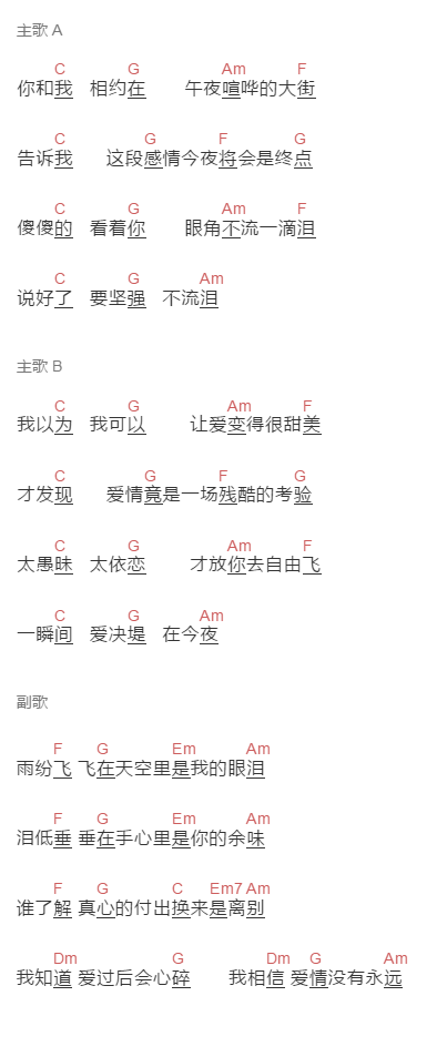 徐怀钰《分飞》吉他谱C调和弦谱(txt)1