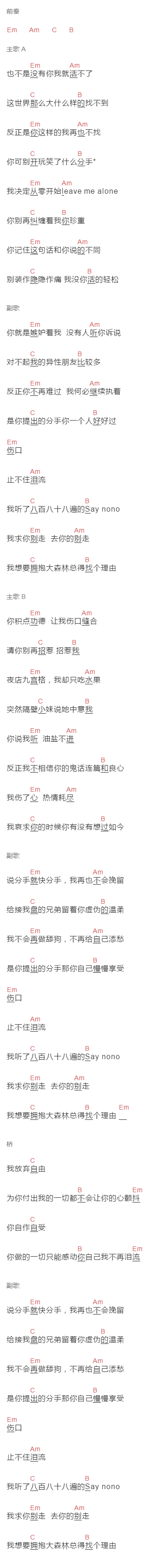 暴躁的兔子《分手就分手》吉他谱C调和弦谱(txt)1