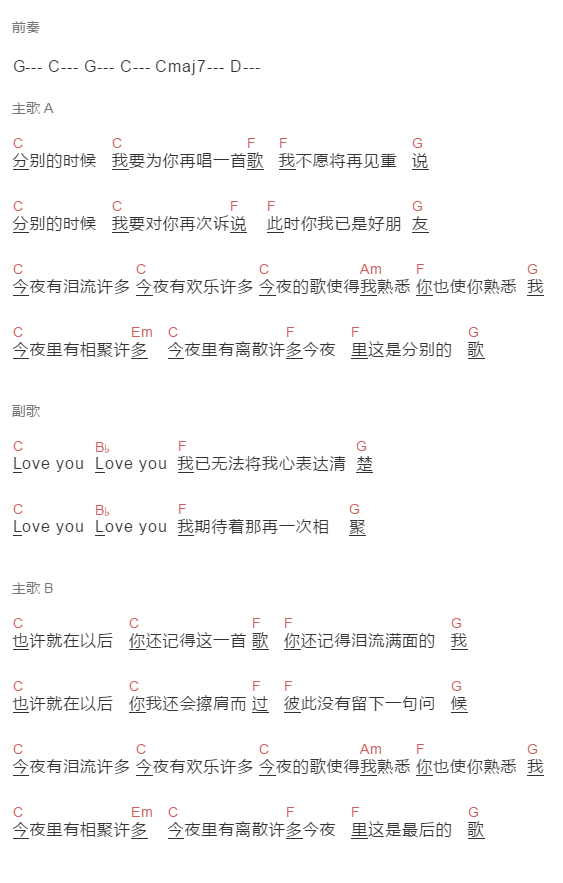 臧天朔《分别的时候》吉他谱C调和弦谱(txt)1