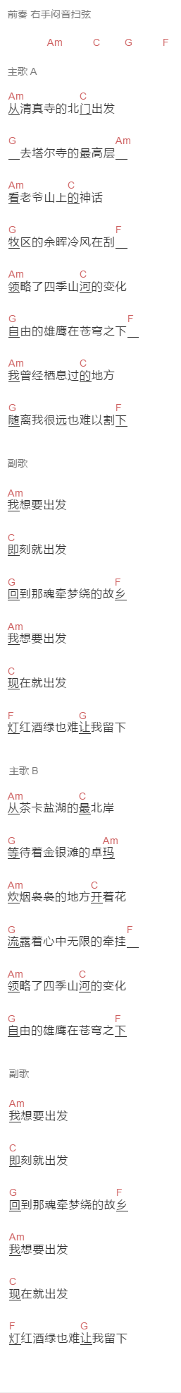 巨造乐队 《出发》吉他谱C调和弦谱(txt)1
