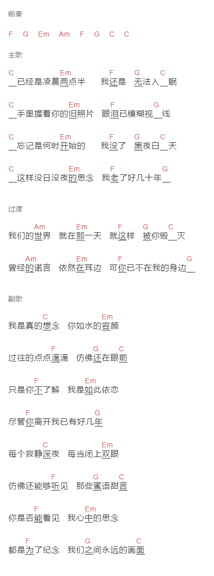 潘广益《凌晨两点半》吉他谱C调和弦谱(txt)1