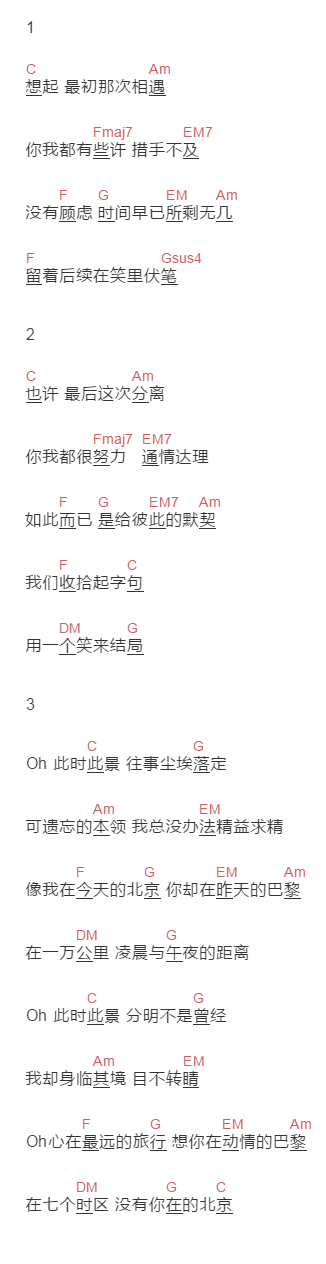 胖胖胖《凌晨与午夜的距离》吉他谱C调和弦谱(txt)1