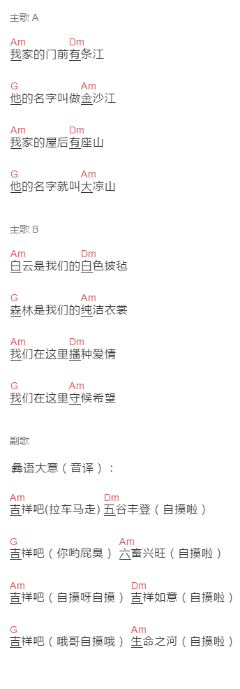 沙马诗薇《凉山谣》吉他谱C调和弦谱(txt)1