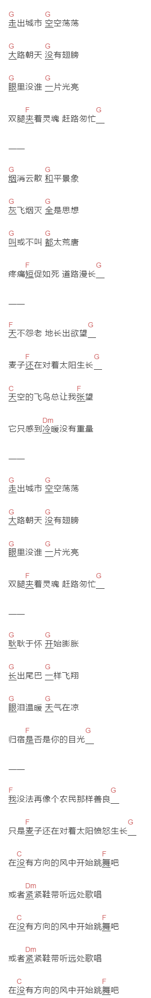张楚 《冷暖自知》吉他谱C调和弦谱(txt)1