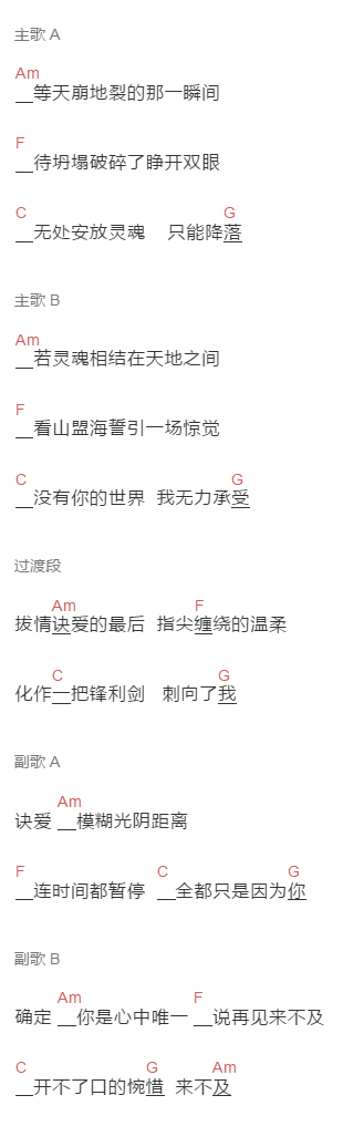 詹雯婷《决爱》吉他谱C调和弦谱(txt)1