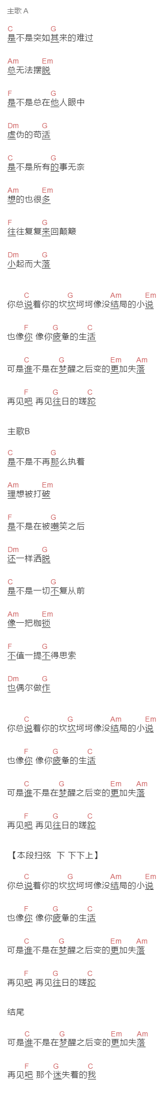 李翔《写给正在难过的人》吉他谱C调和弦谱(txt)1