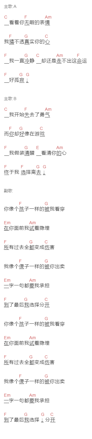 阎韦伶《傻孩子》吉他谱C调和弦谱(txt)1