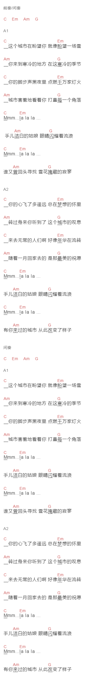 冯佳界《偏头姑娘》吉他谱C调和弦谱(txt)1