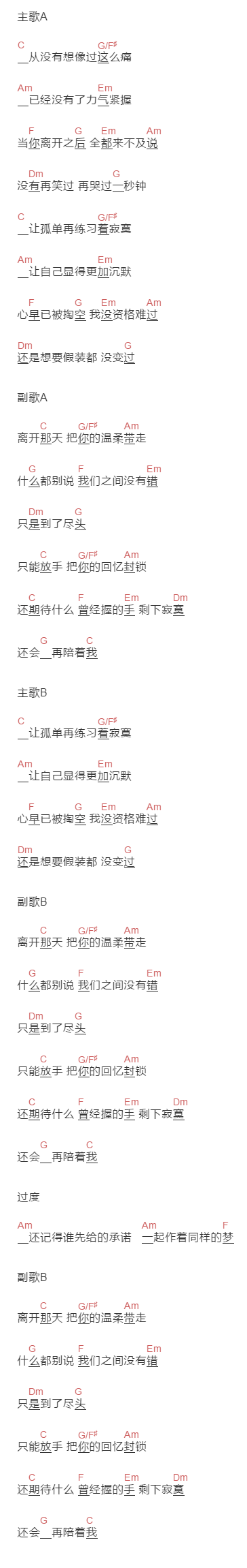 颜人中《假装没变过》吉他谱C调和弦谱(txt)1