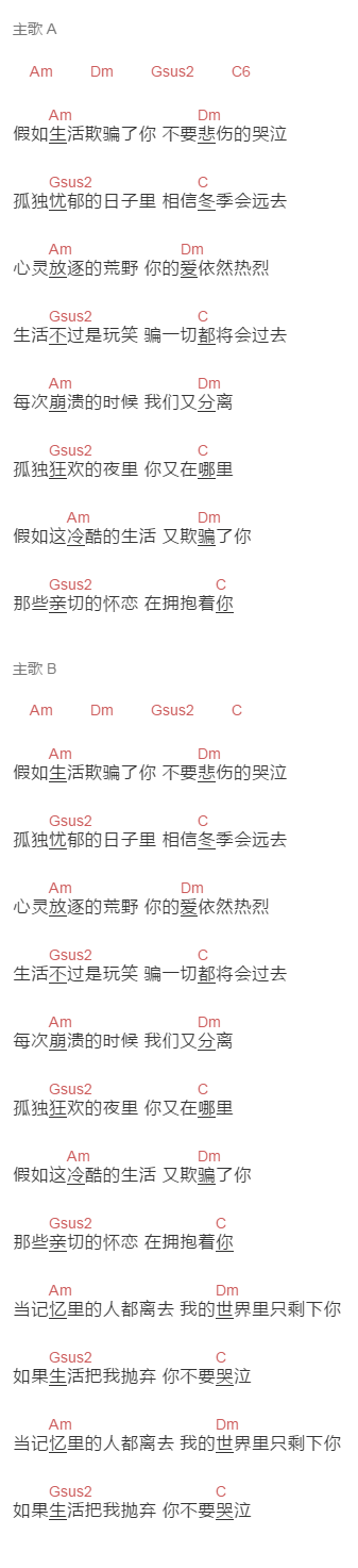 新裤子《假如生活欺骗了你》吉他谱C调和弦谱(txt)1