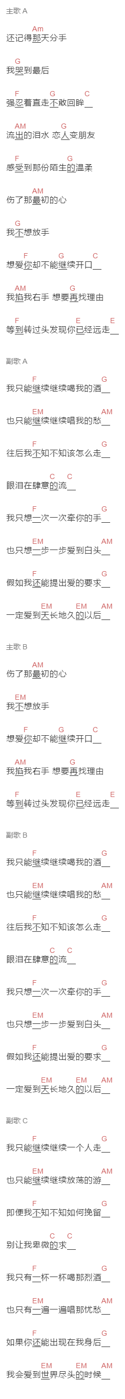 付豪《借酒浇愁》吉他谱C调和弦谱(txt)1