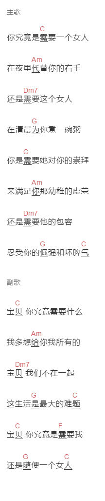 花粥《你需要什么》吉他谱C调和弦谱(txt)1