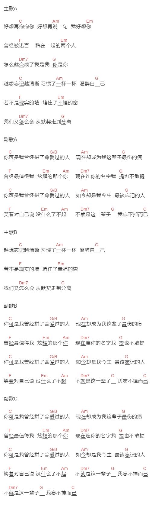 一只情哥哥《你是我曾经拼了命爱过的人》吉他谱C调和弦谱(txt)1
