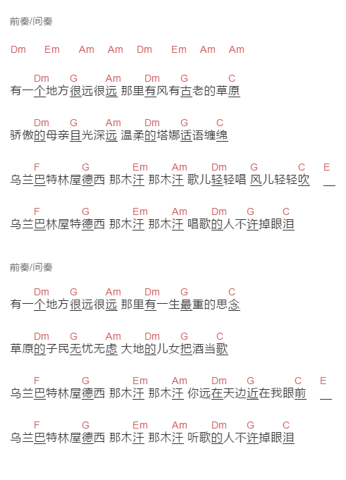微笑乐队《乌兰巴托之夜》吉他谱C调和弦谱(txt)1