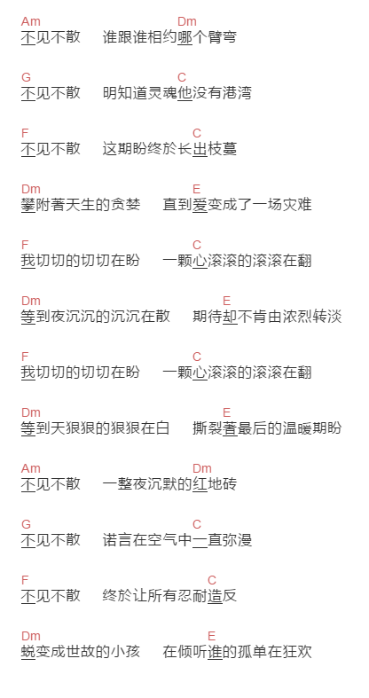 五月天《不见不散》吉他谱C调和弦谱(txt)1