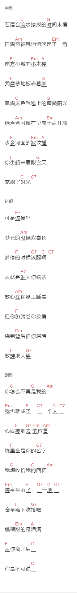 钟祺源《不可说》吉他谱C调和弦谱(txt)1