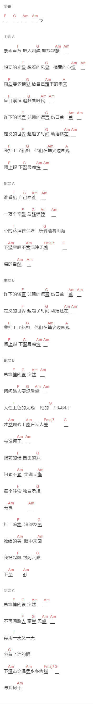姚六一《下潜》吉他谱C调和弦谱(txt)1