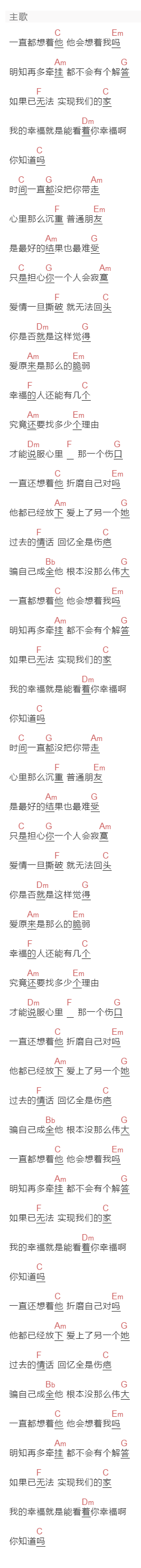庄心妍《一直想着他》吉他谱C调和弦谱(txt)1