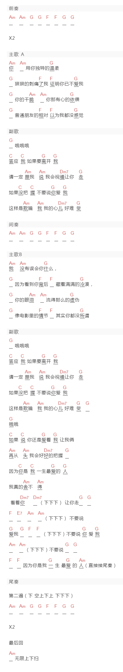 伍佰《一生最爱的人》吉他谱C调和弦谱(txt)1