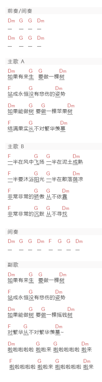 赵照《一棵树》吉他谱C调和弦谱(txt)1