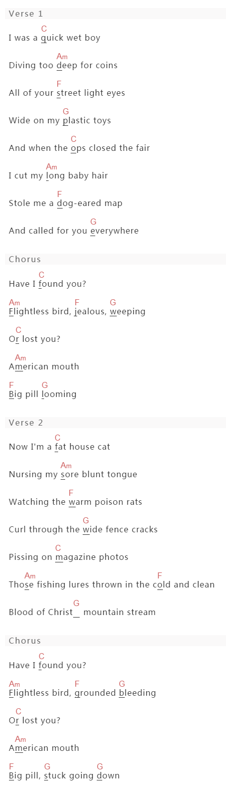 梁静茹《Flightless Bird, American Mouth》吉他谱C调和弦谱(txt)1