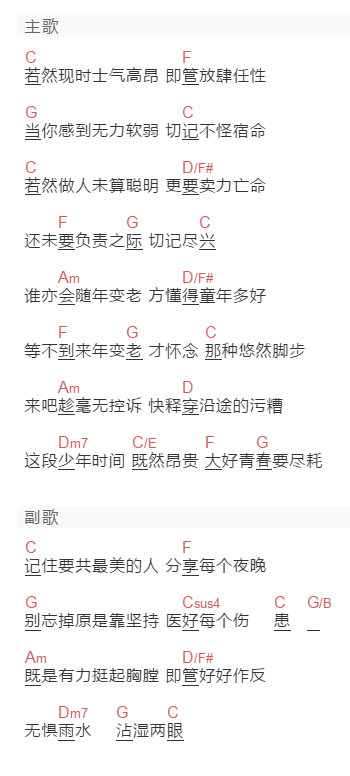 许廷铿《青春颂》吉他谱C调和弦谱(txt)1