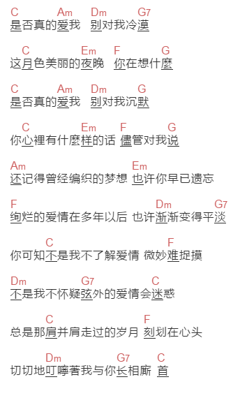 张雨生《是否真的爱我》吉他谱C调和弦谱(txt)1