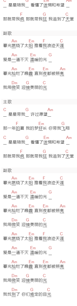 范玮琪《暮光》吉他谱C调和弦谱(txt)1