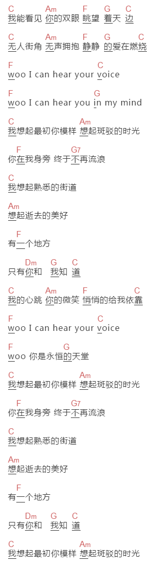 吴亦凡《有一个地方》吉他谱C调和弦谱(txt)1