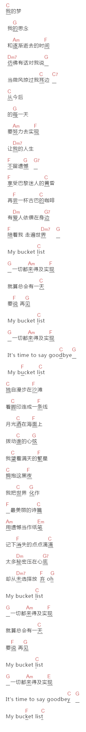 阿云嘎,张博俊,于晓璘,丁辉《我的遗愿清单》吉他谱C调和弦谱(txt)1