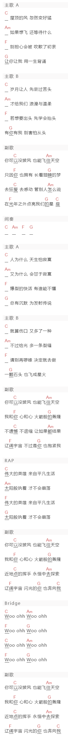 时代少年团《披风》吉他谱C调和弦谱(txt)1