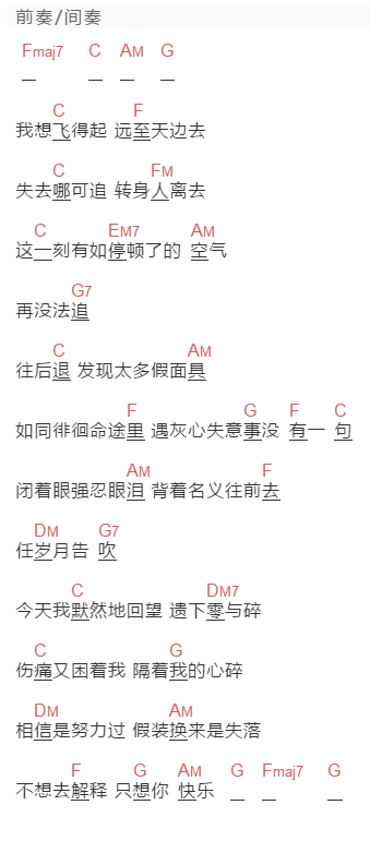 谢霆锋《我想飞》吉他谱C调和弦谱(txt)1