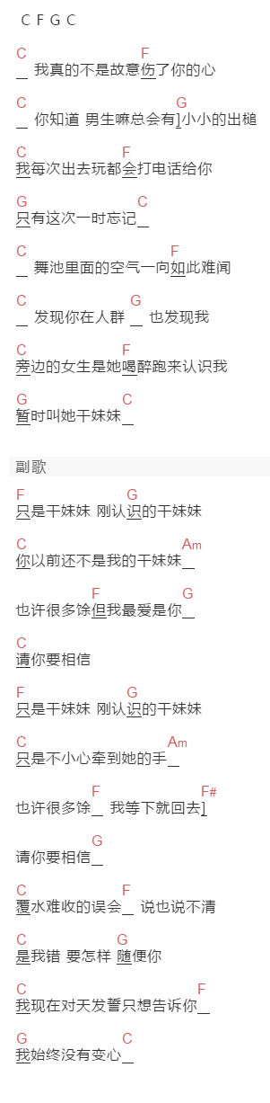 张震岳《干妹妹》吉他谱C调和弦谱(txt)1