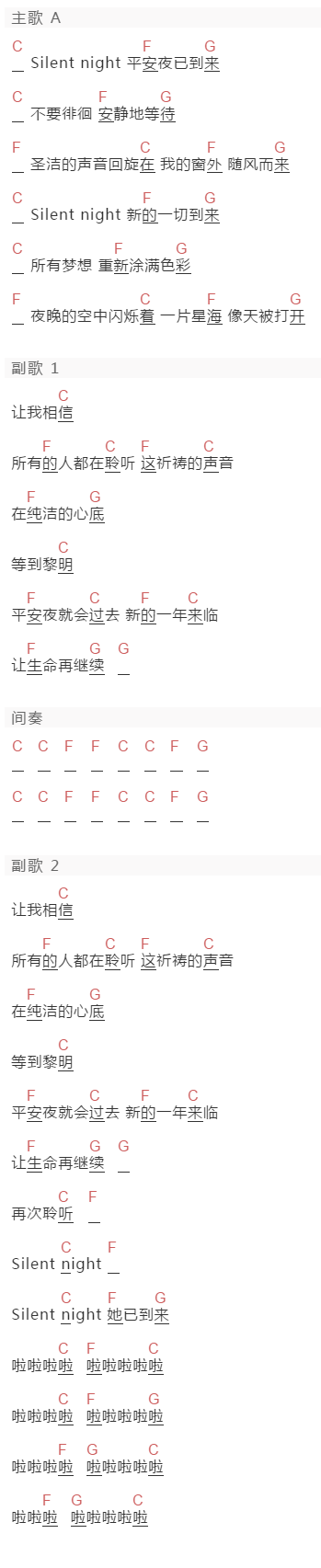 花儿乐队《平安夜》吉他谱C调和弦谱(txt)1