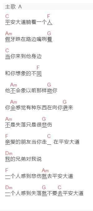 左小祖咒《平安大道的延伸》吉他谱C调和弦谱(txt)1
