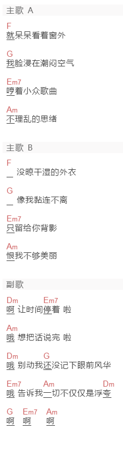 陈粒《少年时代心目中的英雄》吉他谱C调和弦谱(txt)1