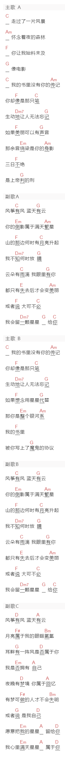 东冬咚冻《属于》吉他谱C调和弦谱(txt)1