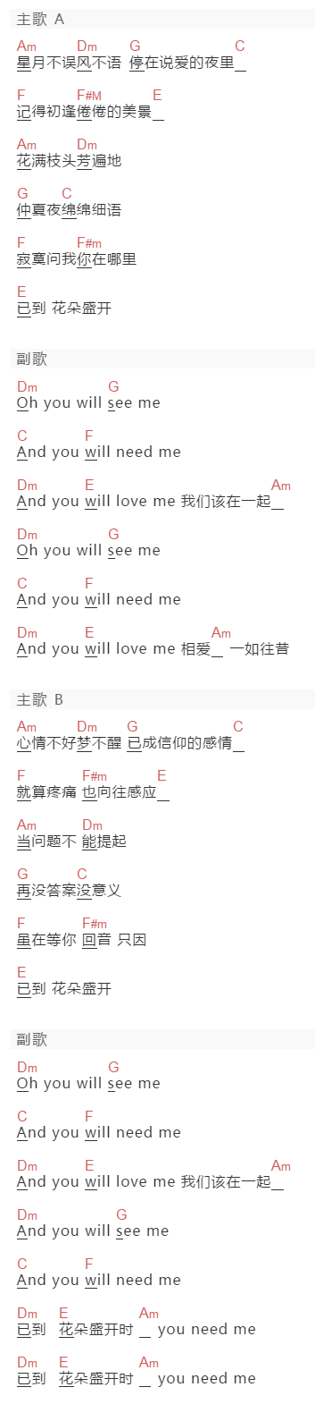 花儿乐队《已到花朵盛开时》吉他谱C调和弦谱(txt)1