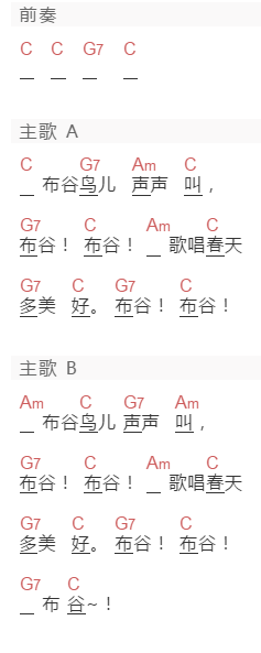 小学一年级下《布谷》吉他谱C调和弦谱(txt)1