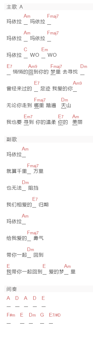 刀郎《寻找玛依拉》吉他谱C调和弦谱(txt)1