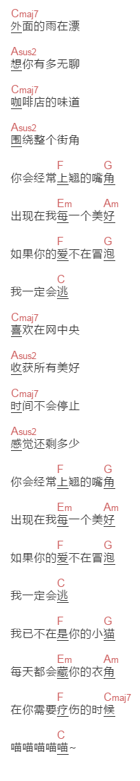 王继阳《小猫》吉他谱C调和弦谱(txt)1