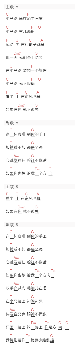 曾沛慈《小路乱撞》吉他谱C调和弦谱(txt)1