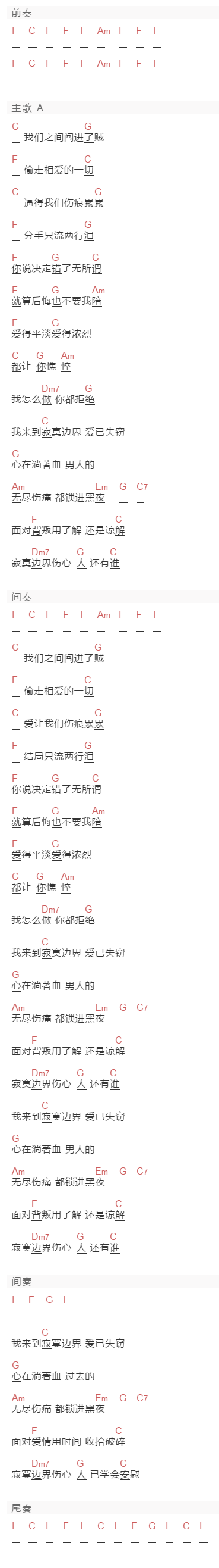 张栋梁《寂寞边界》吉他谱C调和弦谱(txt)1