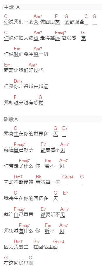 吴克羣《寄生》吉他谱C调和弦谱(txt)1
