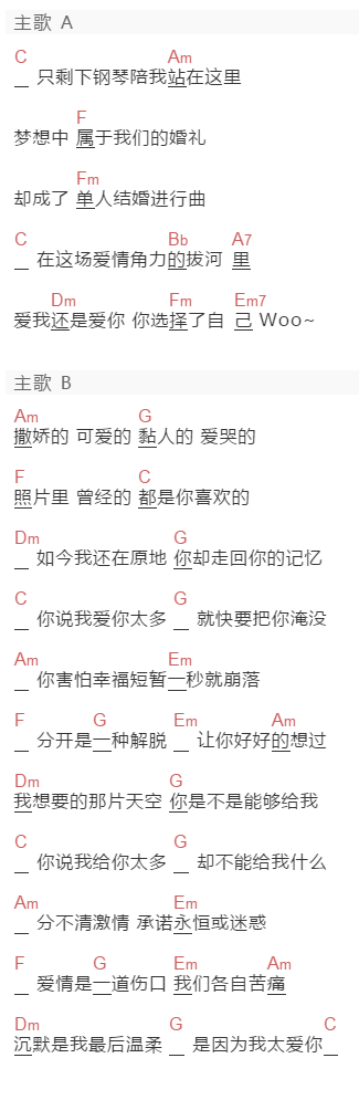 SHE《安静了》吉他谱C调和弦谱(txt)1
