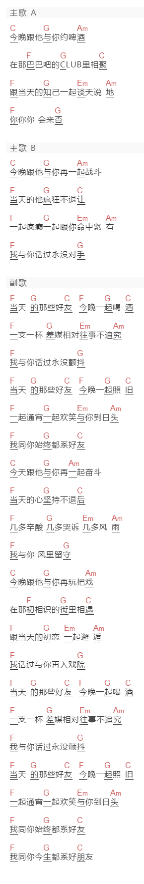 阿宇《好朋友》吉他谱C调和弦谱(txt)1