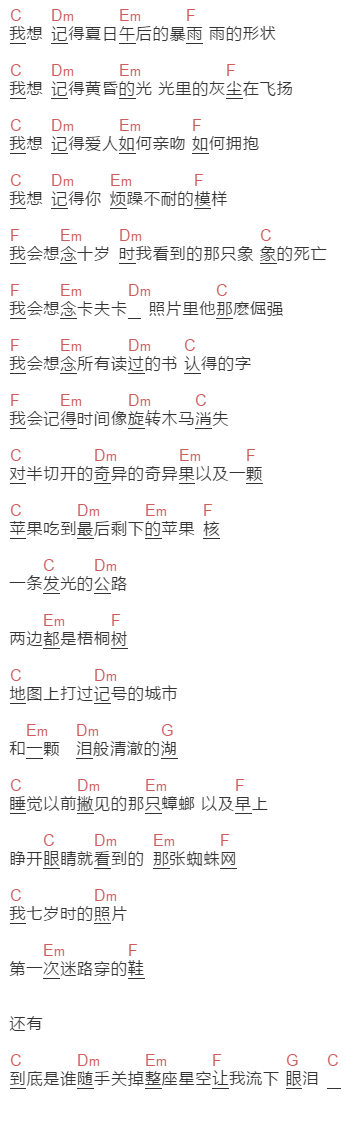 陈绮贞《失明前我想记得的47件事》吉他谱C调和弦谱(txt)1