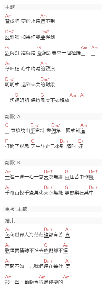 鄭秀文《天衣无缝》吉他谱C调和弦谱(txt)1