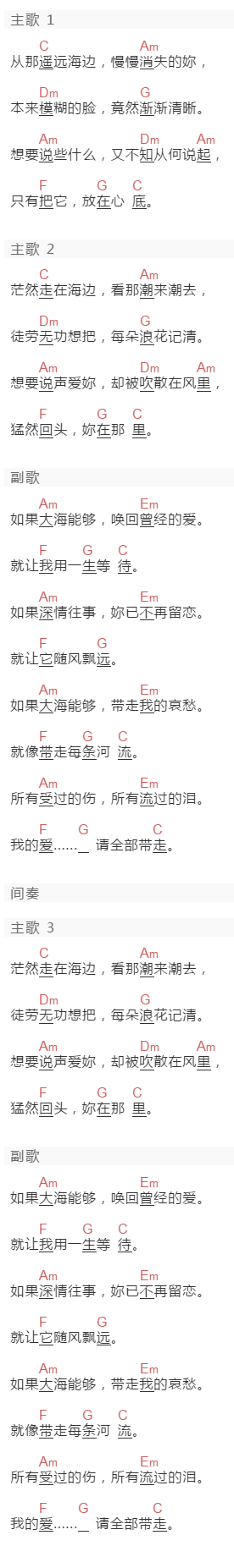 张雨生《大海~》吉他谱C调和弦谱(txt)1