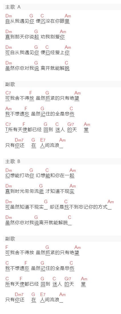 夏炎《天使在人间》吉他谱C调和弦谱(txt)1